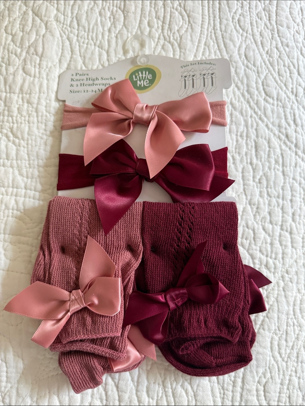 ✅Little Me Pink & Burgundy Bow Knee-High Socks and Headwrap Set